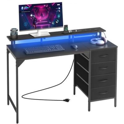 VEVOR 120 cm Computer Bureau met Slimme LED-verlichting en Stroomstopcontacten, Gaming Office Bureau met 4 Grote Lades, Monitorstandaard, Studie Werk voor Home Office, Kleine Ruimtes, Eenvoudige Opbergoplossing, Zwart