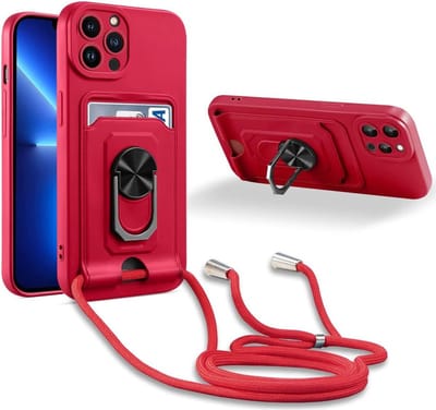 Telefoonhoesje met koord Geschikt voor: Apple iPhone 13 Pro - Pasjeshouder - Camerabeschermer - Magnetische Ringhouder - FuturiQ - Rood