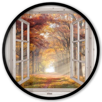 Poster in lijst Rond - Fotolijst 40x40 cm - Posters - Herfst - Bos - Bomen - Natuur - Doorkijk - Ronde posterlijst zwart - Decoratie - Wanddecoratie woonkamer - Muurdecoratie slaapkamer