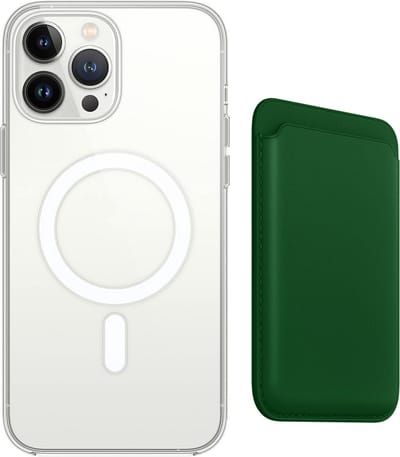Stravo Clear Hoesje met magnetic Wallet Card Holder - Geschikt voor iPhone 12 Pro Max - Beschermhoes met magnetische leren kaarthouder wallet – Ondersteunt draadloos opladen - Groen