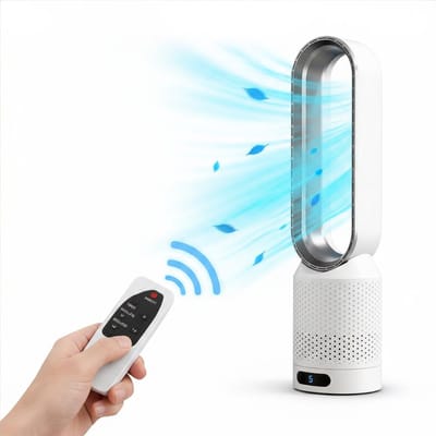 HomeGoodies Bladloze Ventilator met Afstandsbediening – Stil – 8 standen - 90° Oscillatie & Timer – Slaapkamer&Woonkamer - Blauw