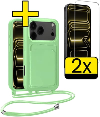 Hoesje Geschikt voor iPhone 17 Pro Telefoonhoesje Met Koord Case Pashouder Met 2x Screenprotector Siliconen - Hoes Geschikt voor iPhone 17 Pro Hoesje Met Kaarthouder - Groen