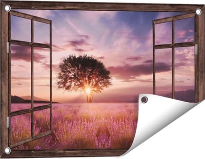 Gards Tuinposter Doorkijk Bloemenveld met Lavendel bij Zonsondergang - 60x40 cm - Tuindoek - Tuindecoratie - Wanddecoratie buiten - Tuinschilderij
