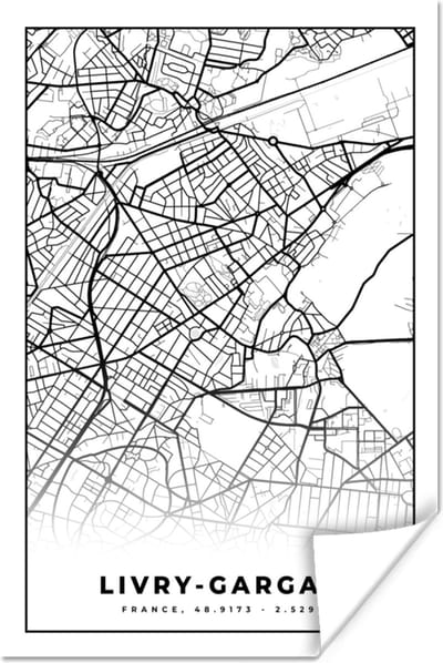 Poster Livry-Gargan - Stadskaart - Frankrijk - Kaart - Plattegrond - Zwart wit - 120x180 cm XXL