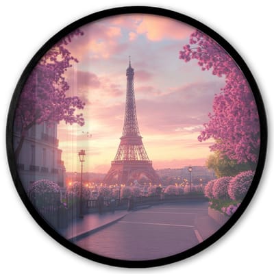 Poster in lijst Rond - Fotolijst 40x40 cm - Posters - Eiffeltoren - Parijs - Roze - Ronde posterlijst zwart - Decoratie - Wanddecoratie woonkamer - Muurdecoratie slaapkamer