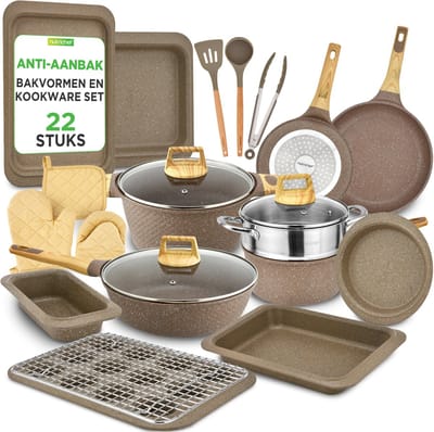 NutriChef Pannenset- Inductie 22-delige Anti-aanbak Pannenset - Professionele pannen, potten & hittebestendige tools