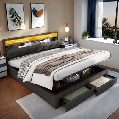 160x200 Opbergbed met Gaslift & Lades – Gestoffeerd Linnen Bed Grijs met LED Verlichting en Hoofdbord met Opbergruimte – Tweepersoonsbed 160x200