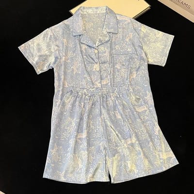Blauwe Planten Bloemen Tie-Dye Dames Chique Pyjama Zomer Koel Kort Dames Huispak Mode Casual Slaapkleding M gray