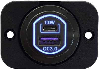 ProRide 12-24V USB/USB C Autolader 2 Poorten Inbouw - 100W QC3.0 - Snellader - Enkelvoudig Paneel - Blauw
