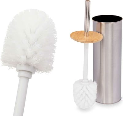Berilo Luxe Toiletborstel in houder Steel - zilver/beige - metaal/bamboe - 34 x 9 cm - met lekbak