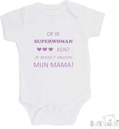 100% katoenen Romper "Of ik superwoman ken Je bedoelt gewoon mijn MAMA" Meisjes Katoen Wit/lila Maat 56/62