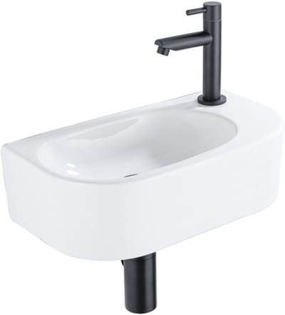 QeramiQ Fuente Fonteinset - 40x21.5x12cm - rechts - glad - halfrond - 1 kraangat - keramiek - fonteinkraan zwart mat - afvoerplug - verlaagd sifon - wit glans