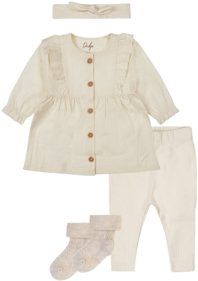 Dirkje Noppies - Kledingset - 4delig - Dirkje Jurkje met haarband - Legging - Offwhite - 1 paar noppies sokjes taupe met werkje - Maat 56