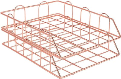 A4-brievenbakje, 2-laags stapelbaar brievenbakje voor op het bureau, netjes document, briefpapier, organizer, metaal, A4-formaat, geschikt voor thuis of op kantoor (Rose goud)