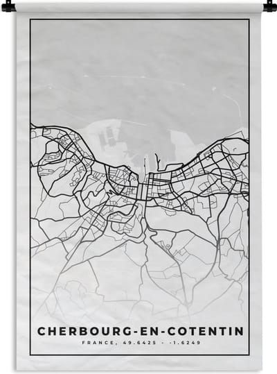 Wandkleed - Wanddoek - Plattegrond - Cherbourg-en-Cotentin - Kaart - Frankrijk - Stadskaart - Zwart wit - 120x180 cm - Wandtapijt