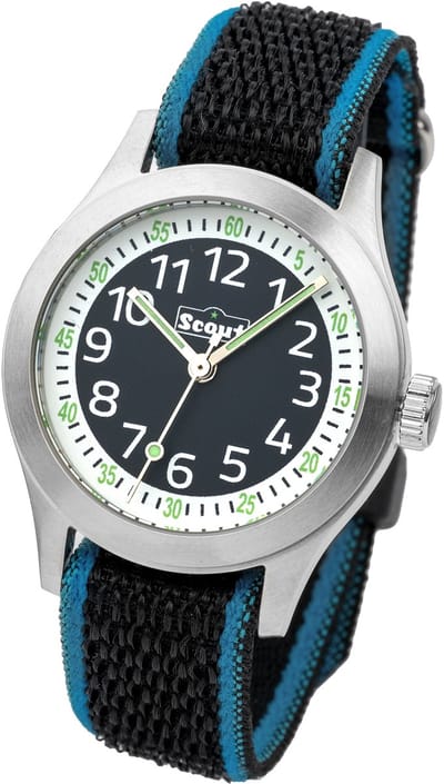 Scout Kinderuhr analog aus der Serie "Cool" mit schwarz blauem Textilband, Quarzwerk und Klettverschluss