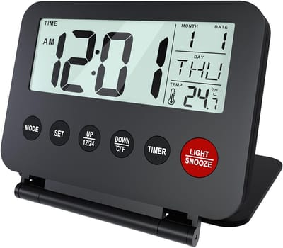 Compacte, op batterijen werkende digitale reiswekker - Draagbare reiswekker - Digitale klok, alarm, timer, snooze-functie, datum, temperatuur en licht (geen batterijen nodig) - Zwart