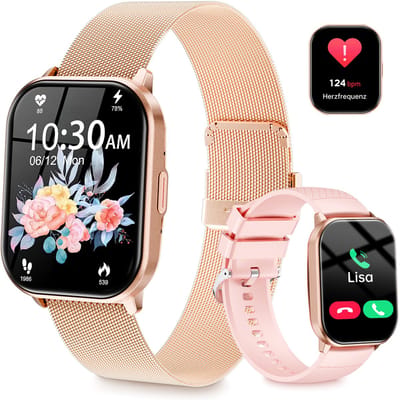 Smartwatch - Belfunctie - Sporthorloge voor dames - Waterbestendig voor dagelijks gebruik - Met hartslagmeting, slaapmonitoring, stappenteller en muziekbediening - Compatibel met Android- en iOS-systemen - Roségoud (siliconen bandje + stalen bandje)