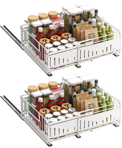 Lemlit Uitschuifbare Keukenkast Organizer 2 Stuks - 32,5-49,5x39x16,5 cm - Telescopische Kastlade met Rails voor Keuken Voorraadkast Badkamer - Wit