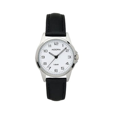 Adora Dameshorloge AB6243 | 28 mm Zilverkleurige Edelstalen Kast | Wit Wijzerplaat | Zwart Leren Band | Elegant & Tijdloos