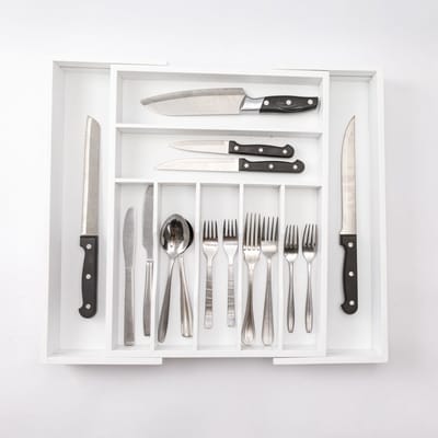 Uitschuifbaar bestekbak - Besteklade - 7 Vaks -> Uitschuifbaar naar 9 Vakken - Bestekbakken organizer - Bamboe - Wit