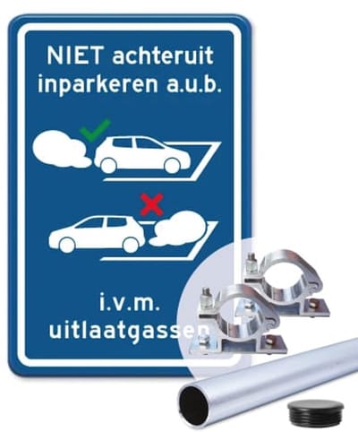 Parkeerbord Niet achteruit inparkeren - uitlaatgassen - blauw - Weerbestendig Aluminium - 30x45 cm - Bevestiging: Met paal 150 cm + paalbeugels + paaldop