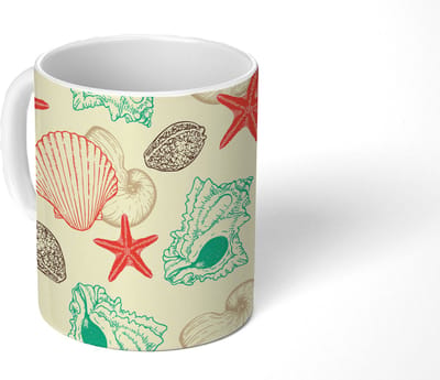 Mok - Koffiemok - Schelpen - Zeester - Strand - Vintage - Patroon - Mokken - 350 ML - Beker - Koffiemokken - Theemok