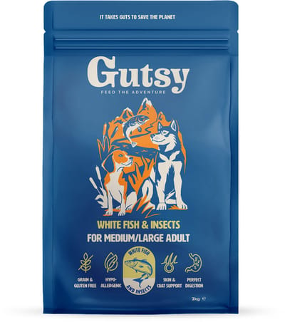 Gutsy White Fish Medium/Large Adult - Hypoallergeen Hondenvoer Middelgrote & Grote Rassen - Graanvrij Hondenbrokken - Droogvoer Witvis & Insecten - Hondenvoeding Zonder Kip - 10 kg
