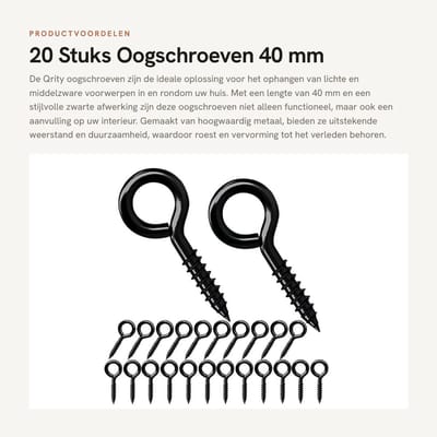 Dailygoods - 20 Stuks Oogschroeven 40 mm - Zwart - Voor Hangen van Lichte Voorwerpen