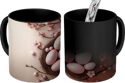Magische Mok - Foto op Warmte Mokken - Koffiemok - Roze - Bloesems - Eieren - Magic Mok - Beker - 350 ML - Theemok