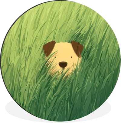 WallCircle - Wandcirkel - Muurcirkel - Hondje - Gras - Oren - Bruin - Aluminium - Dibond - 30x30 cm - Binnen en Buiten