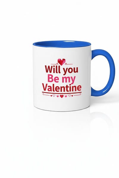 Will you Be my Valentine Mok - Romantisch Valentijn Cadeau met Liefdevolle Tekst, Blauw Handvat