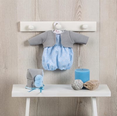 Asi poppenkleding bodysuit met grijs vestje en mutsje - blauw.