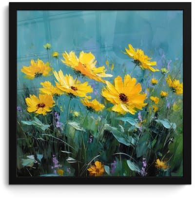Poster in lijst - Fotolijst 40x40 cm - Posters - Penseelstreken - Bloemen - Felgeel - Abstract - Posterlijst zwart - Decoratie - Wanddecoratie woonkamer - Muurdecoratie slaapkamer