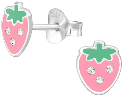 Joy|S - Zilveren aardbei oorbellen - 6 x 7 mm - roze met kristalletjes - kinderoorbellen