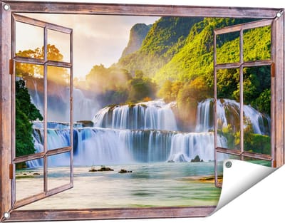 Gards Tuinposter Doorkijk Watervallen tussen de Bomen - 90x60 cm - Tuindoek - Tuindecoratie - Wanddecoratie buiten - Tuinschilderij