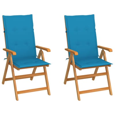 vidaXL - Inklapbare - stoelen - 2 - st - met - blauwe - kussens - massief - teakhout