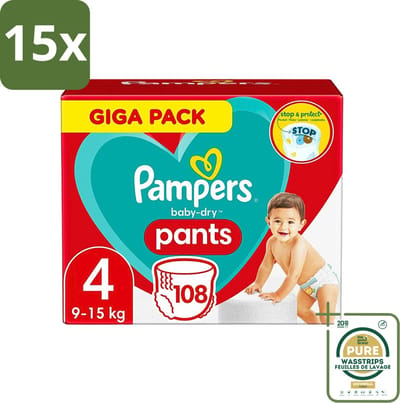 15 x Pampers - Baby-Dry Pants - Luierbroekjes - Maat 4 (9-15 kg) - Comfort Fit - 108 Luiers - Grootverpakking - Baby Luier - Baby Droge Huid - Baby Luierbroek - Baby Luier 4 Kg - Snel Verschonen