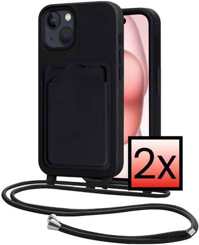 Hoes Geschikt voor iPhone 15 Plus Hoesje Pasjeshouder Cover Met Koord Case Siliconen Hoes Met Telefoonkoord en Kaarthouder - Zwart - 2 PACK