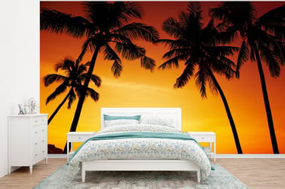 Behang - Fotobehang Palmboom - Zonsondergang - Strand - Oranje - Tropisch - Breedte 400 cm x hoogte 300 cm