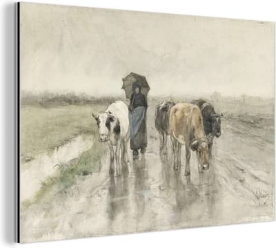 Aluminium schilderij 180x120 cm - Wanddecoratie metaal - Een boerin met koeien op een landweg in de regen - Schilderij van Anton Mauve - Metalen muurdecoratie woonkamer - Decoratie industrieel - Foto op dibond - Industriële accessoires slaapkamer