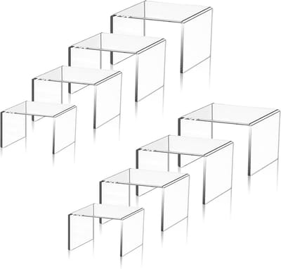Set van 8 acryl displaystandaard, acryl planken, displayverhogers, kristallen displayplank, cupcake-standaard, dessert snoepverhoger, popstandaards, parfumstandaard, actiefiguurstandaards