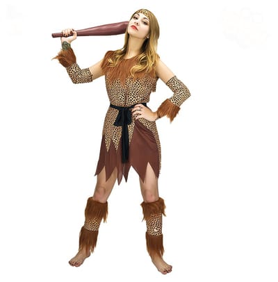 Kostuum Oervrouw Bruin – Inclusief Rok, Bandana, Riem, Armband, Armbeschermers en Beenwarmers – Carnaval & Verkleedkleding – One Size
