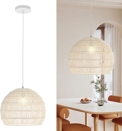 COSTWAY gevlochten hanglamp, boho plafondlamp met verstelbare ophanghoogte, boerderijhanglamp met E27-basis (lichtbron niet inbegrepen) voor keuken, slaapkamer, 43 x 34 cm (beige) [Energieklasse B]