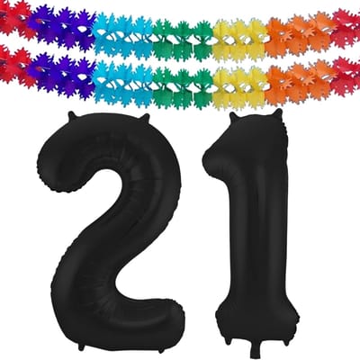 Folat folie ballonnen - Leeftijd cijfer 21 - zwart - 86 cm - en 2x feestslingers gekleurd 600 cm - versiering - feestartikelen