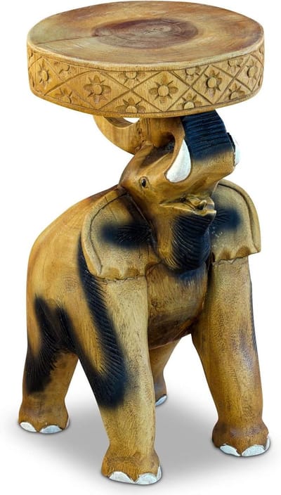 Houten bijzettafel Olifant - Bloemenkruk Hout - Decoratief Meubelstuk - Handgemaakt Uit Eén Stuk