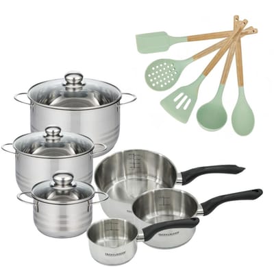 Set van 3 kookpotten 16, 20 en 24 cm, 3 steelpannen 12, 16, 20 cm van roestvrij staal en 5 Fackelmann Geneva keukengerei