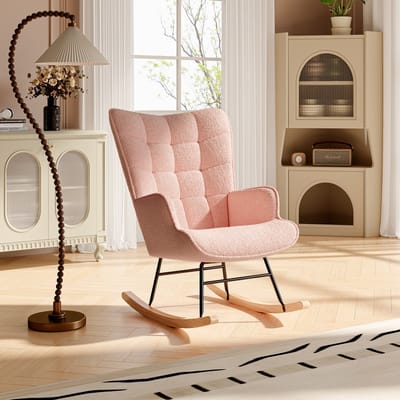 Schommelstoel, schommelstoel met Berber fleece-look, armleuningen, gewatteerde stoel met houten poten, relaxstoel voor woonkamer en slaapkamer, maximaal draagvermogen 120 kg, Roze