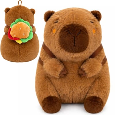 Topknuffels® Capibara met Hamburger Rugzak Pluche Knuffel 23 cm - Capybara Knuffels Dierenknuffel - Kapibara Kapybara - Speelgoed Kawaii Kussen - TikTok Plush Toy