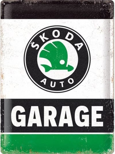 Skoda Garage Green. Metalen wandbord in reliëf 30 x 40 cm .